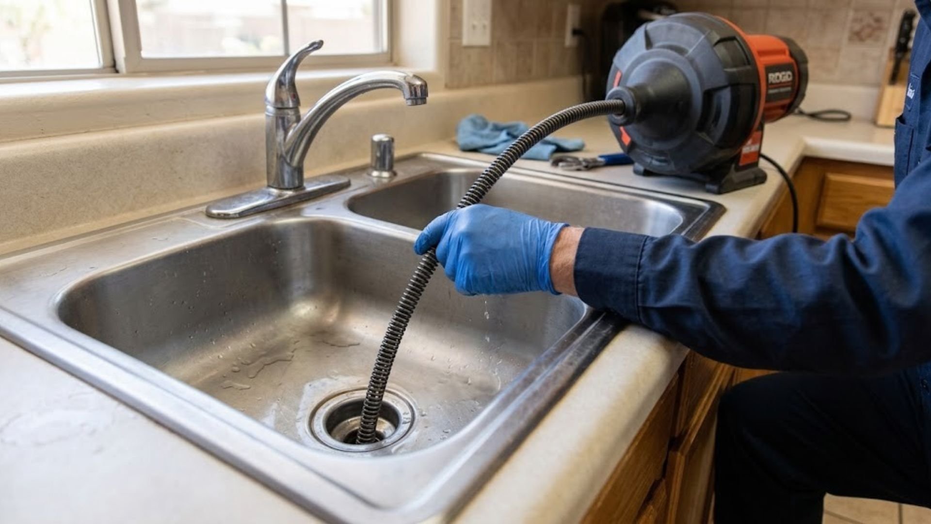 Plumber clearing a clogged drain with a drain snake
