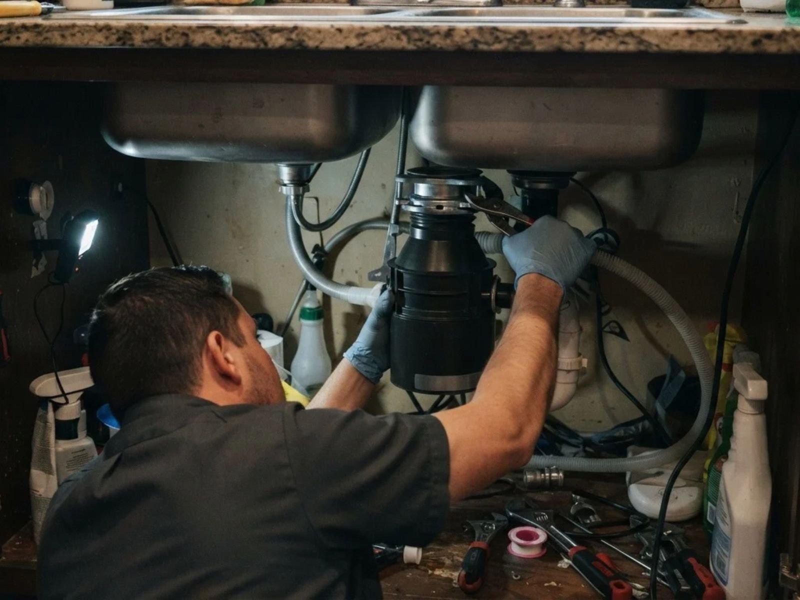 Plumber repairing a garbage disposal unit
