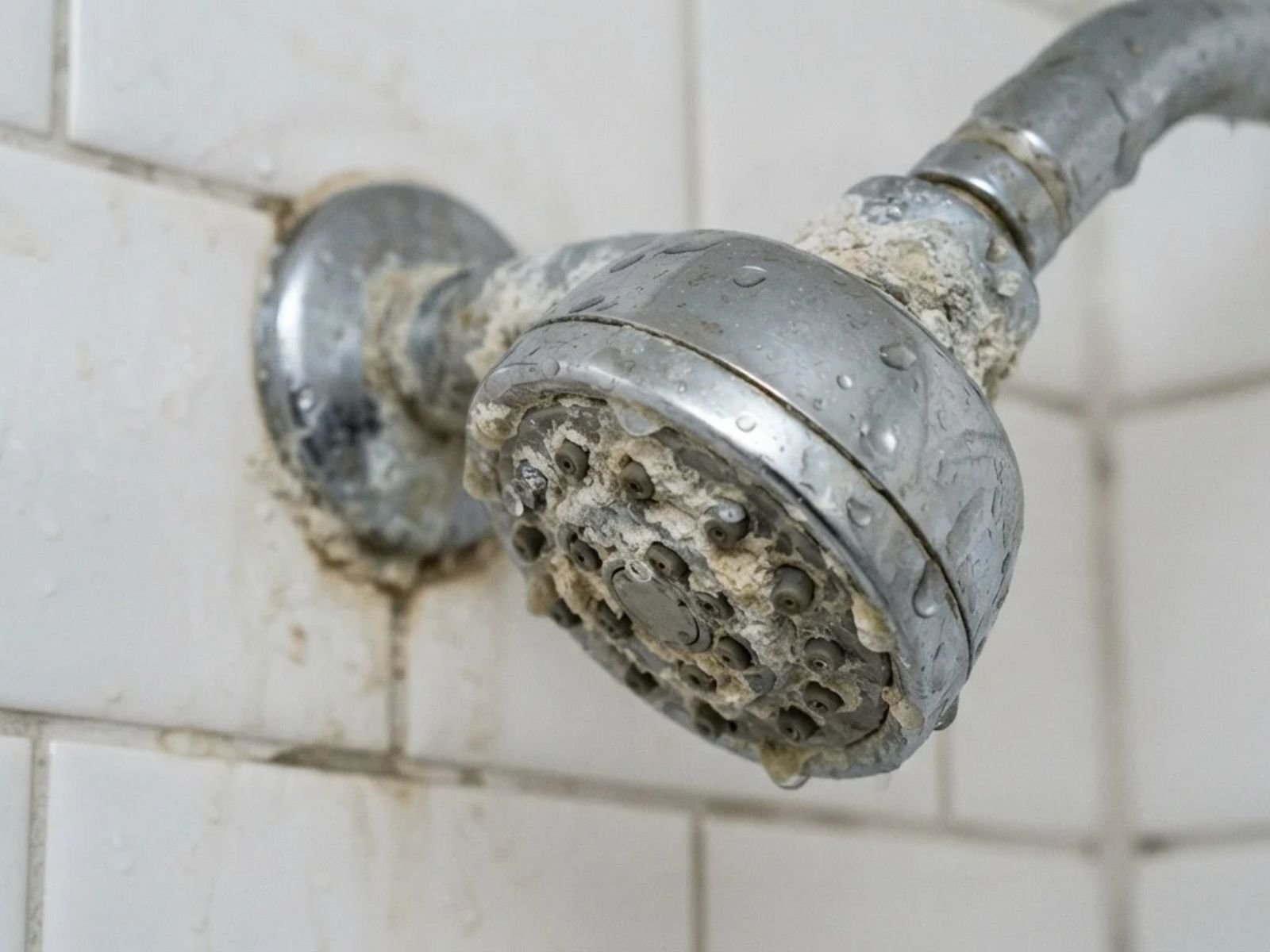 Hard water mineral buildup on a faucet