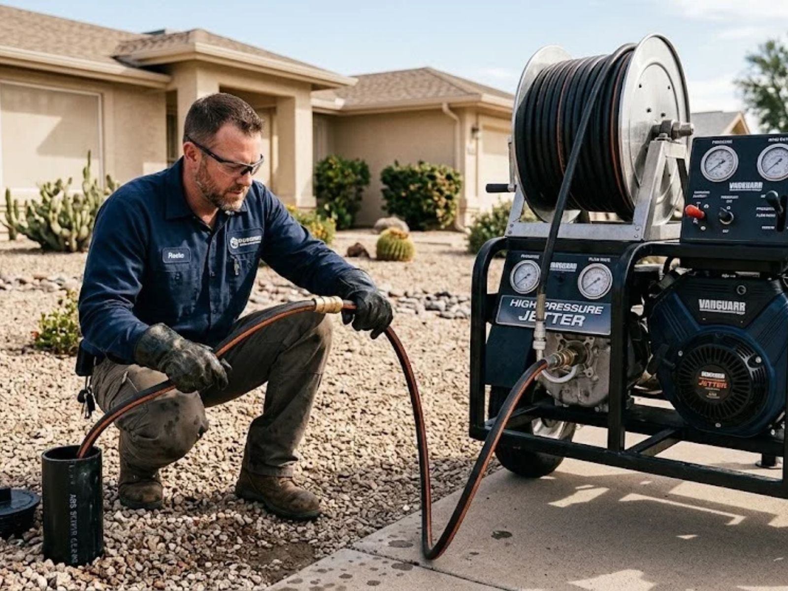 Hydro jetting equipment clearing a clogged sewer line