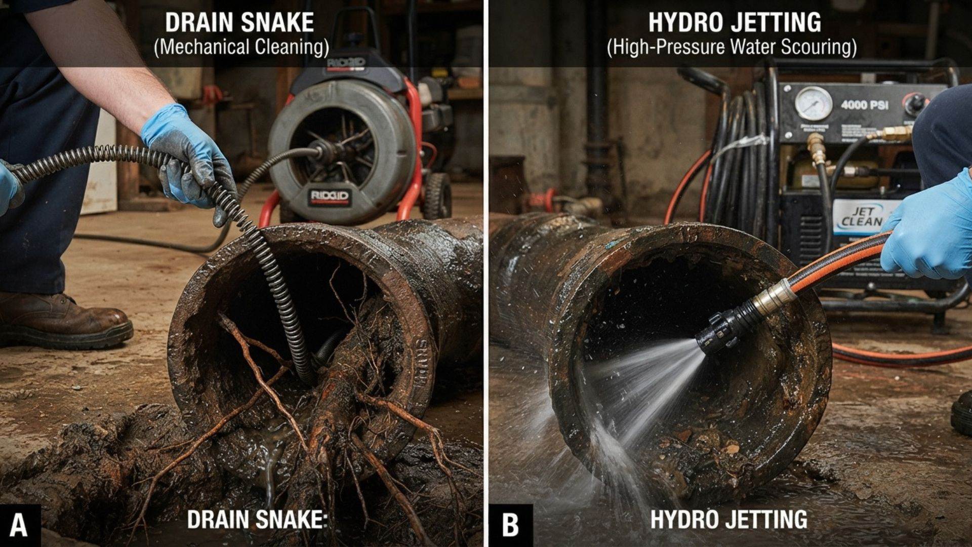 Drain snake and hydro jetting equipment side by side