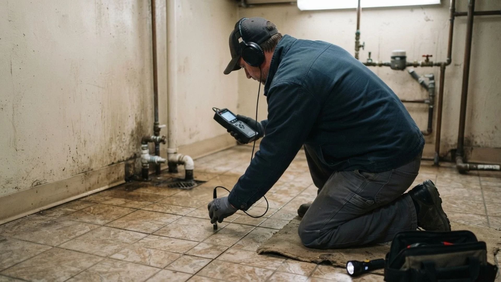 Plumber using leak detection equipment to locate a hidden leak