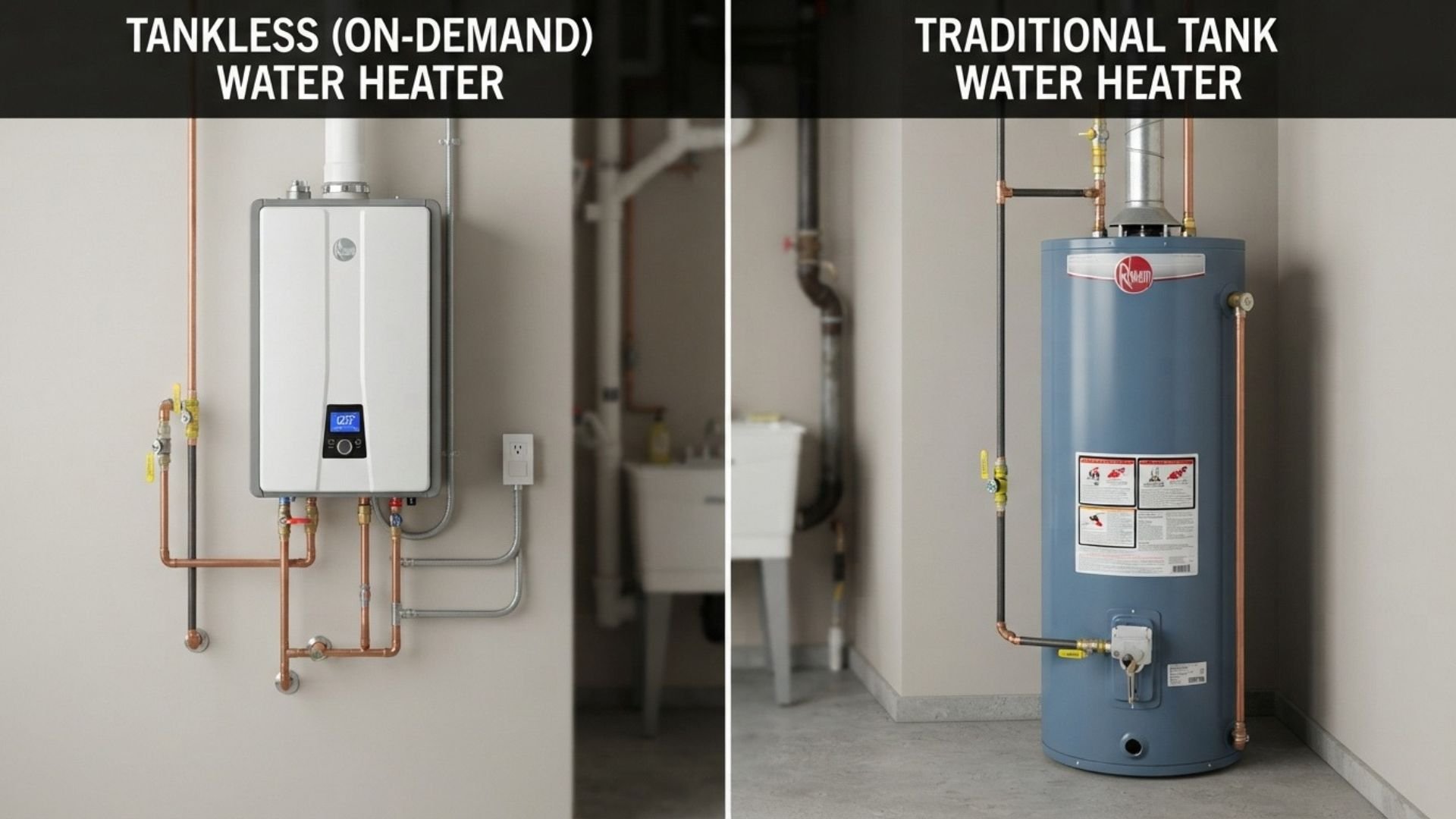 Tankless water heater mounted on a wall
