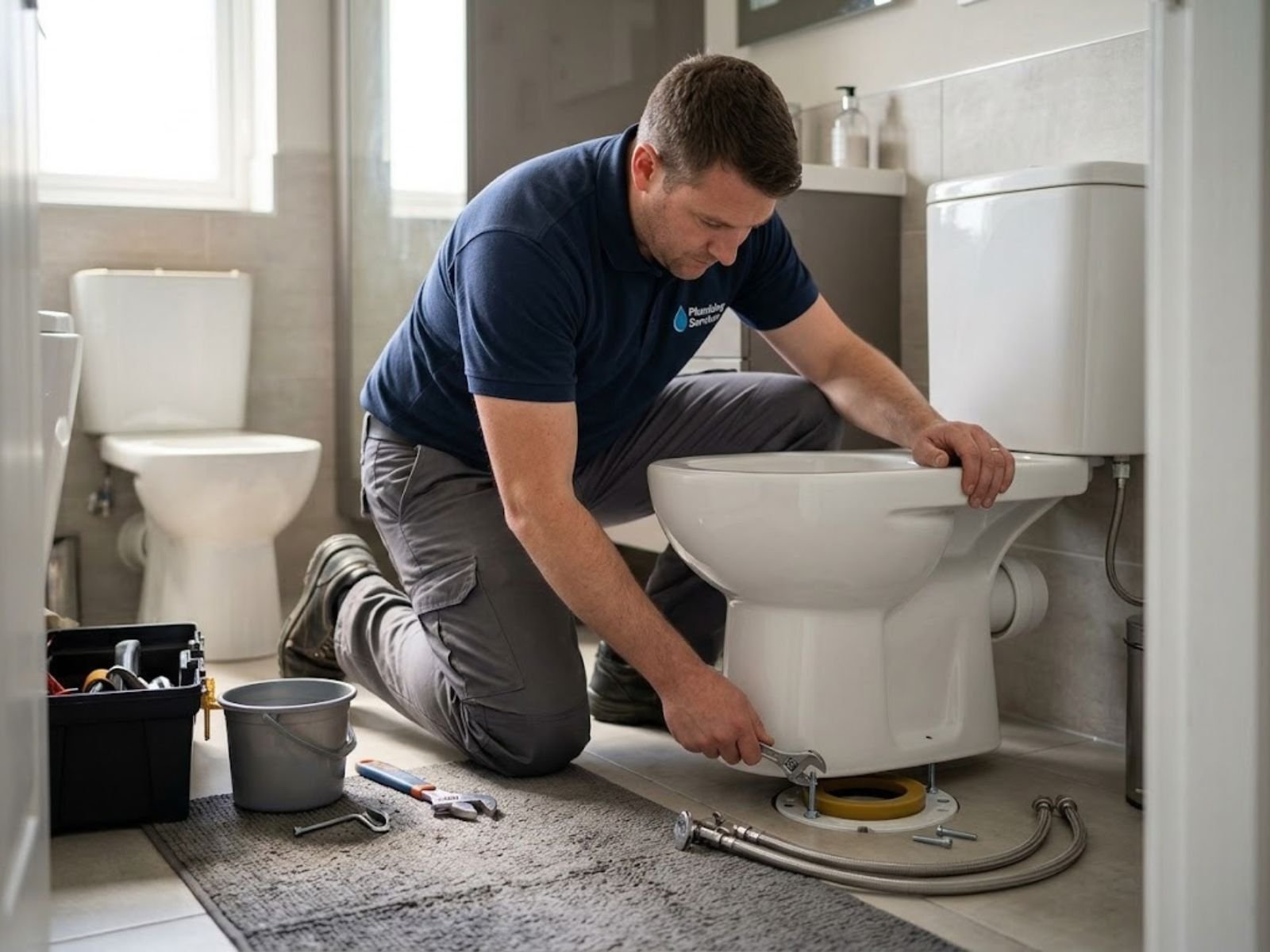 Plumber installing a new toilet