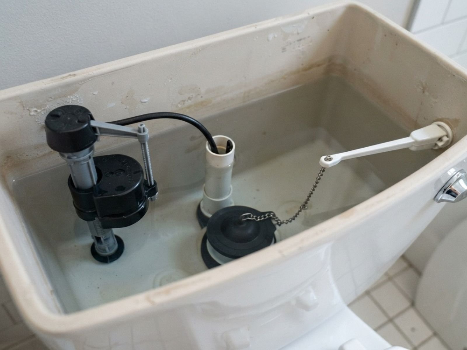 Open toilet tank showing the flapper and fill valve