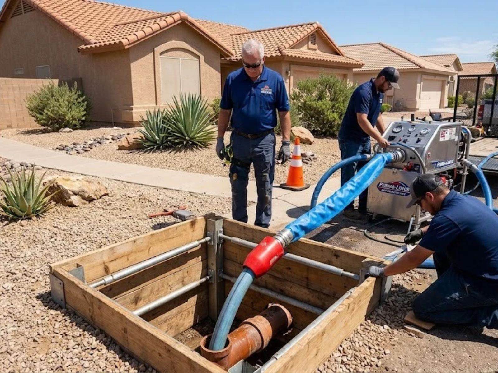 Trenchless pipe lining equipment used to repair a sewer line