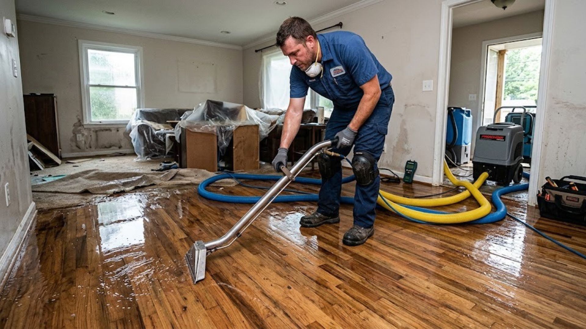 Technician extracting standing water during water damage restoration