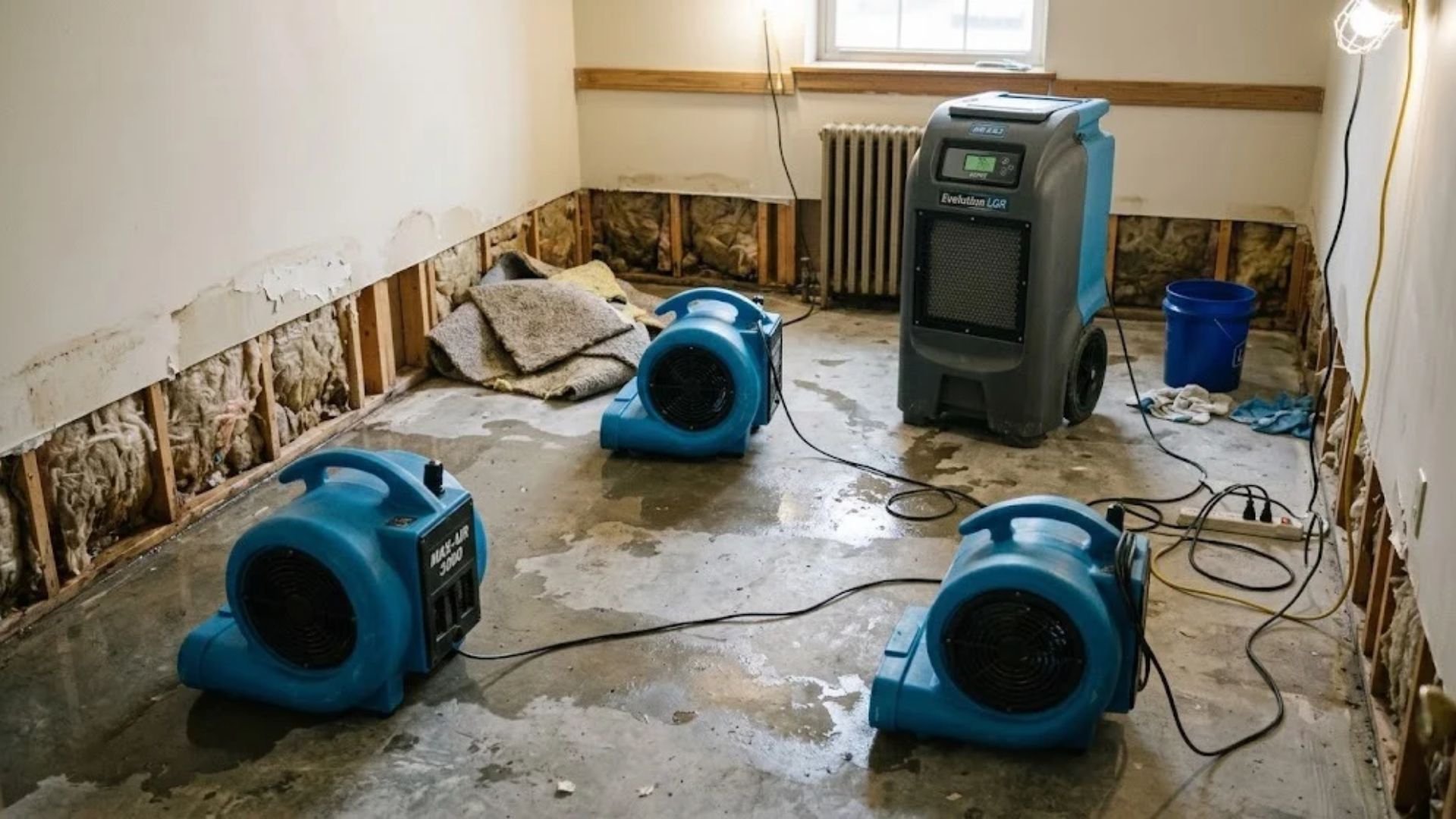 Water mitigation drying equipment set up in a flooded room